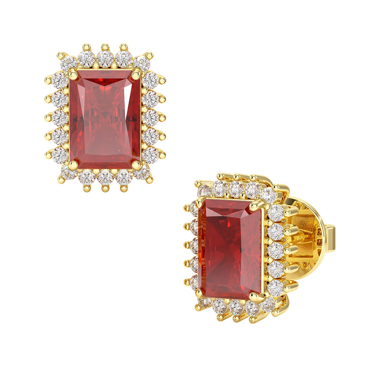 Rectangle Ruby Sunburst Earrings Yellow Gold Front &amp; Side View