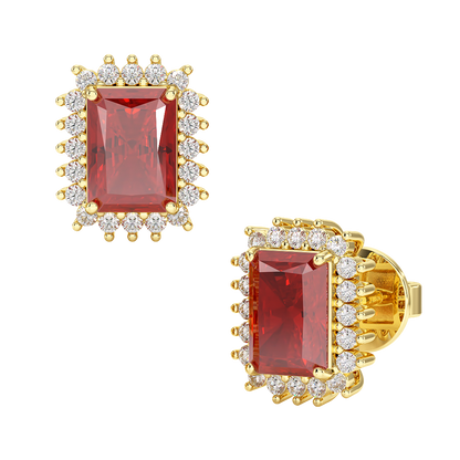 Rectangle Ruby Sunburst Earrings Yellow Gold Front &amp; Side View