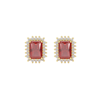 Rectangle Ruby Sunburst Earrings Yellow Gold Front View