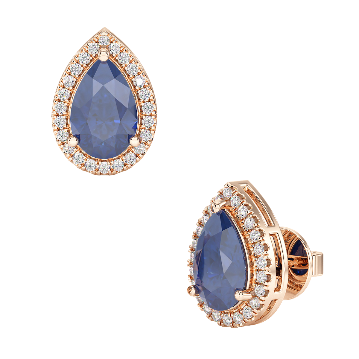 Pear Blue Sapphire Halo Earrings Rose Gold Front &amp; Side View