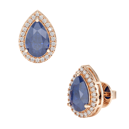 Pear Blue Sapphire Halo Earrings Rose Gold Front &amp; Side View