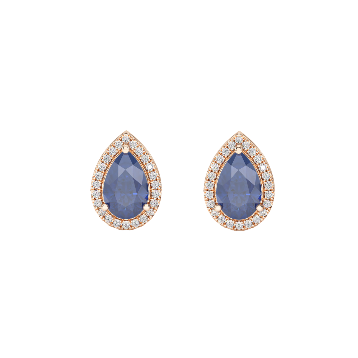 Pear Blue Sapphire Halo Earrings Rose Gold Front View