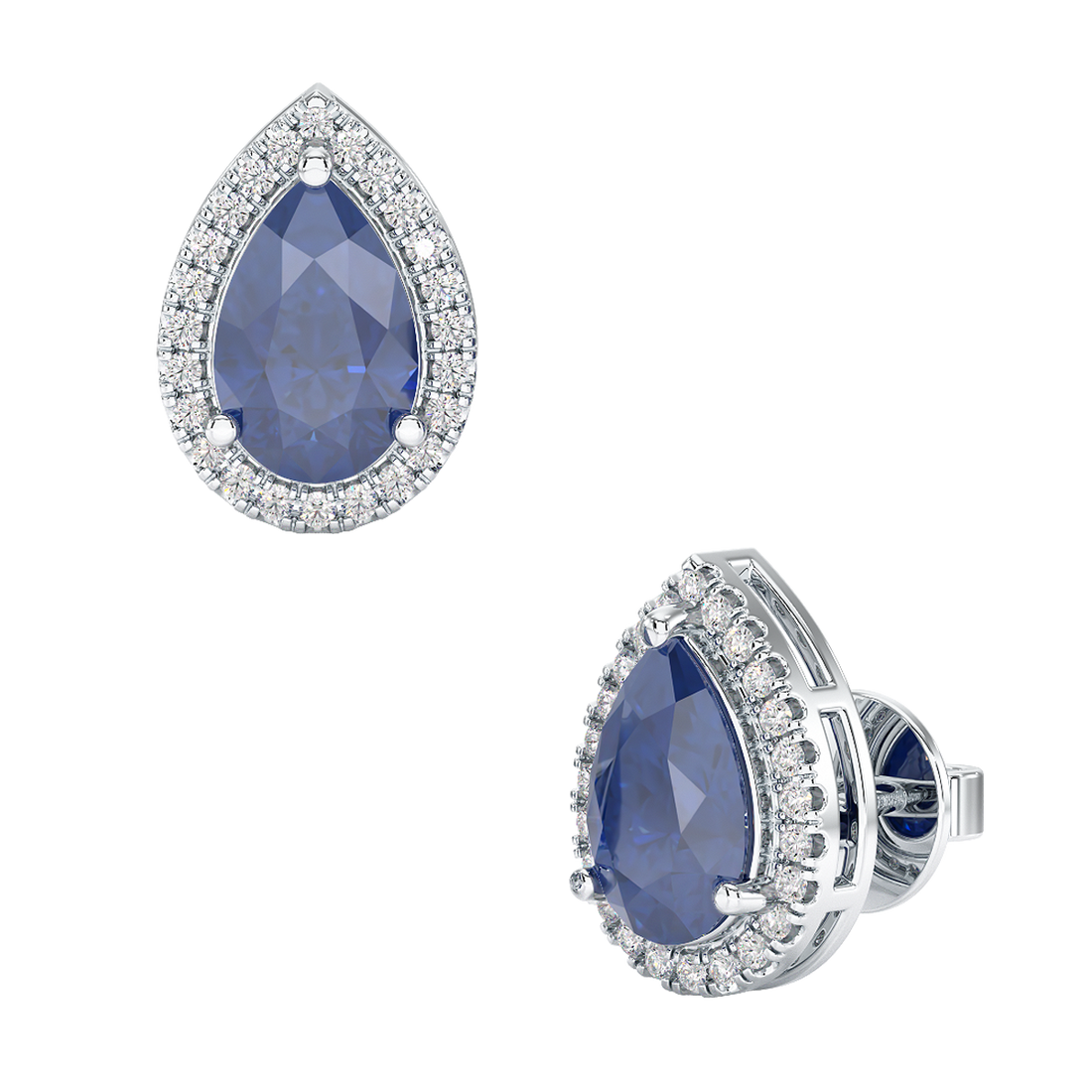 Pear Blue Sapphire Halo Earrings White Gold Platinum Front &amp; Side View