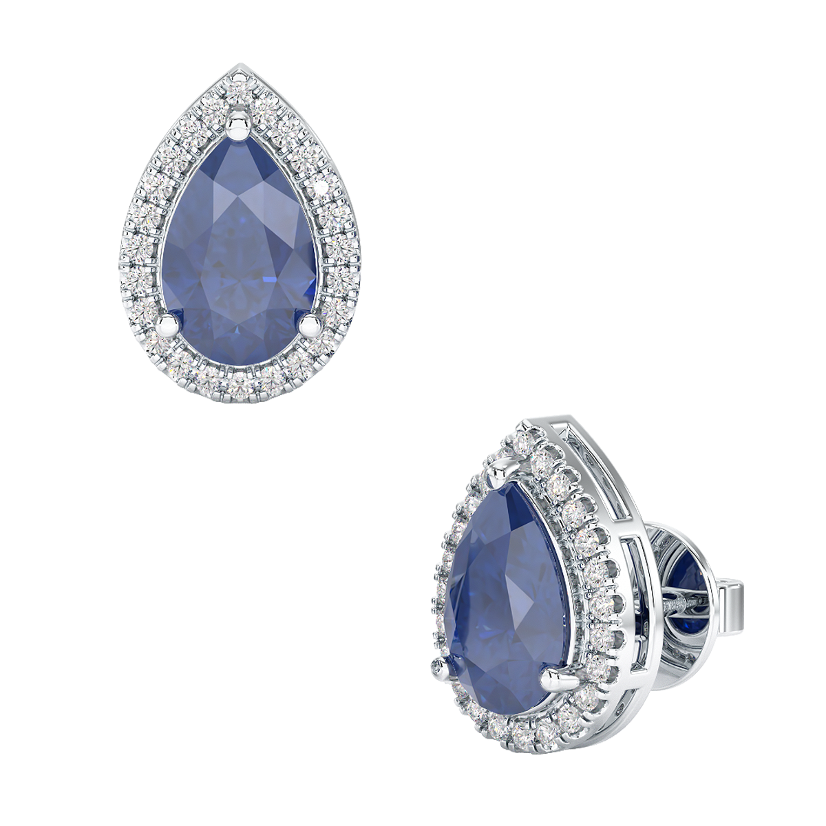 Pear Blue Sapphire Halo Earrings White Gold Platinum Front &amp; Side View