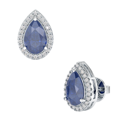 Pear Blue Sapphire Halo Earrings White Gold Platinum Front &amp; Side View