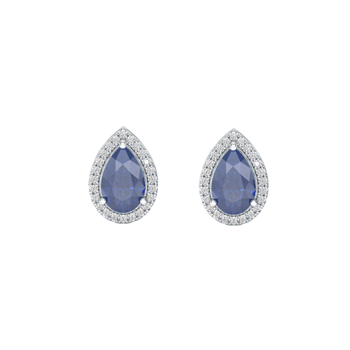 Pear Blue Sapphire Halo Earrings White Gold Platinum Front View