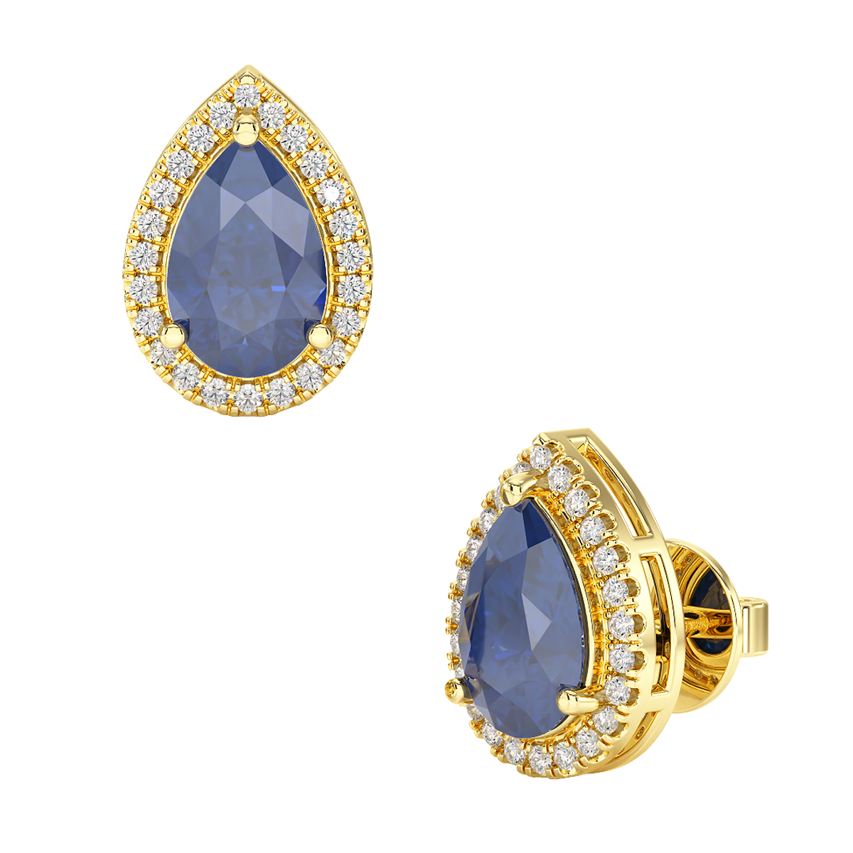 Pear Blue Sapphire Halo Earrings Yellow Gold Front &amp; Side View