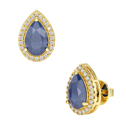 Pear Blue Sapphire Halo Earrings Yellow Gold Front &amp; Side View