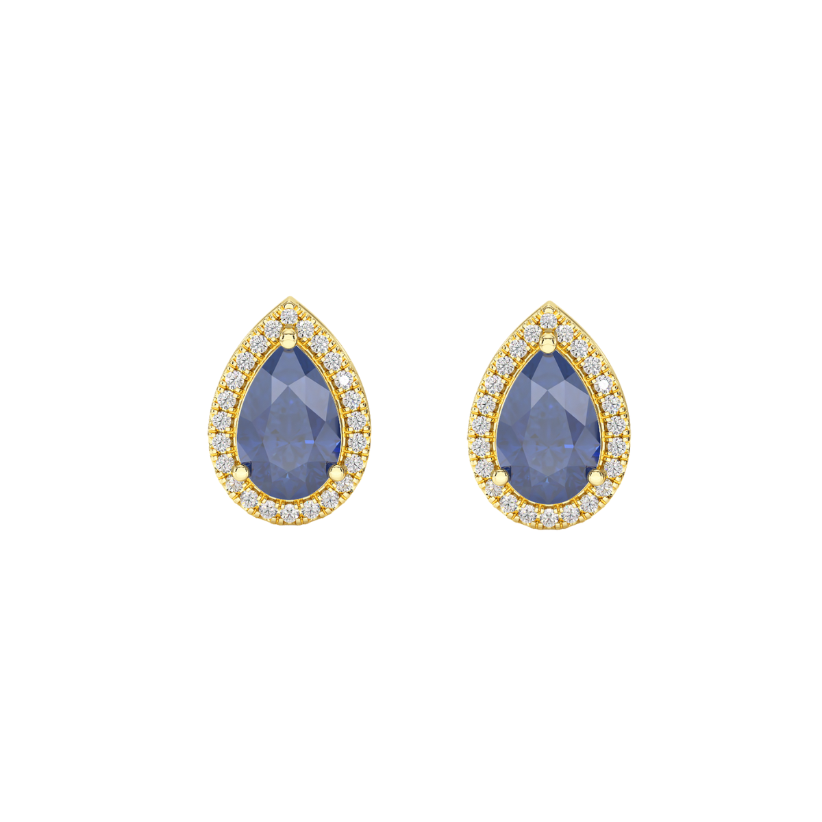 Pear Blue Sapphire Halo Earrings Yellow Gold Front View