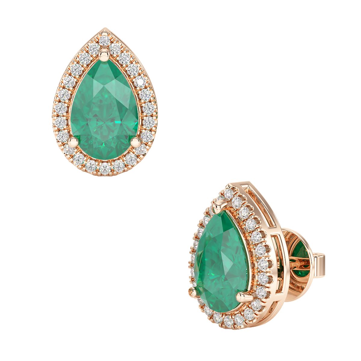 Pear Emerald Halo Earrings Rose Gold Front &amp; Side View