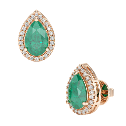 Pear Emerald Halo Earrings Rose Gold Front &amp; Side View