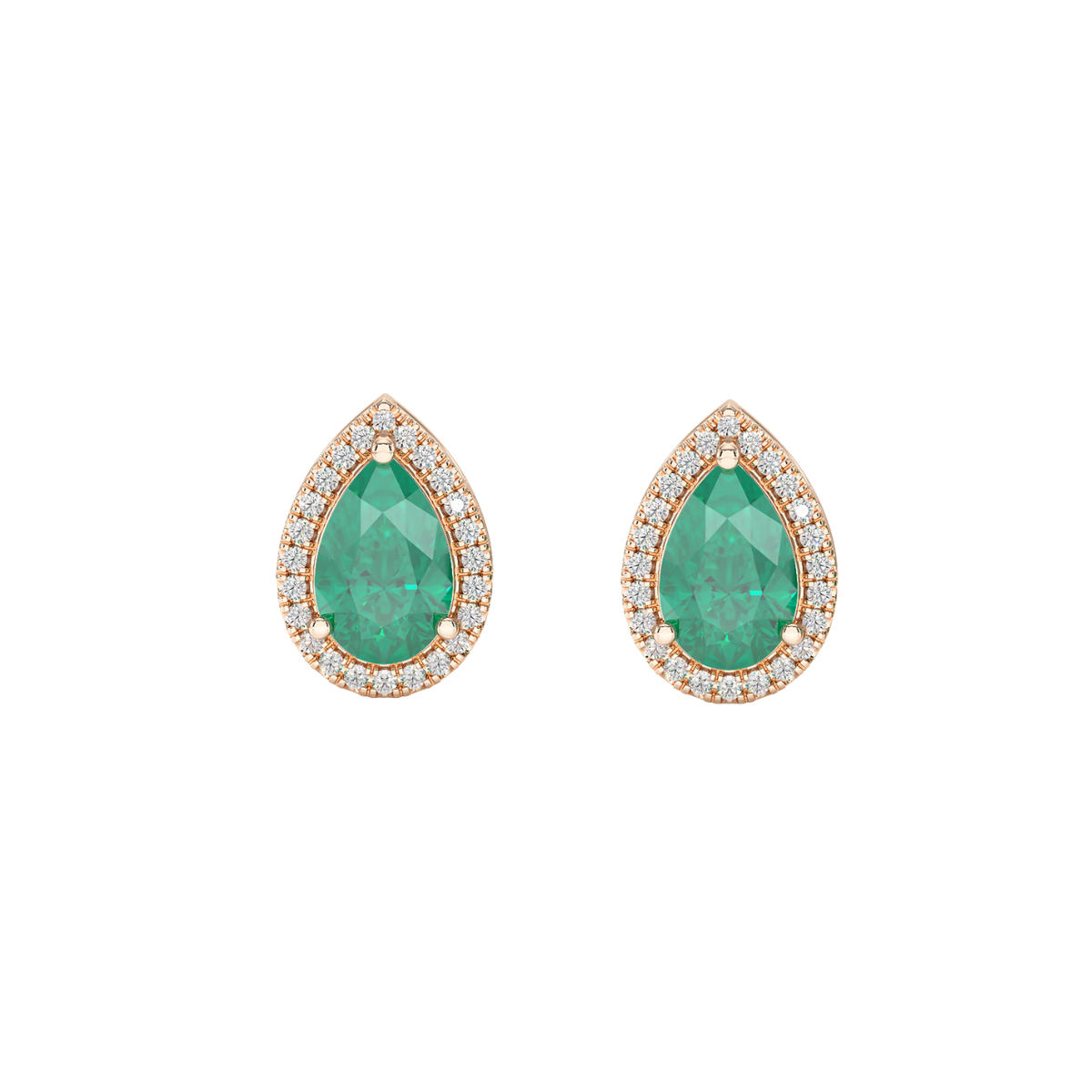 Pear Emerald Halo Earrings Rose Gold Front View