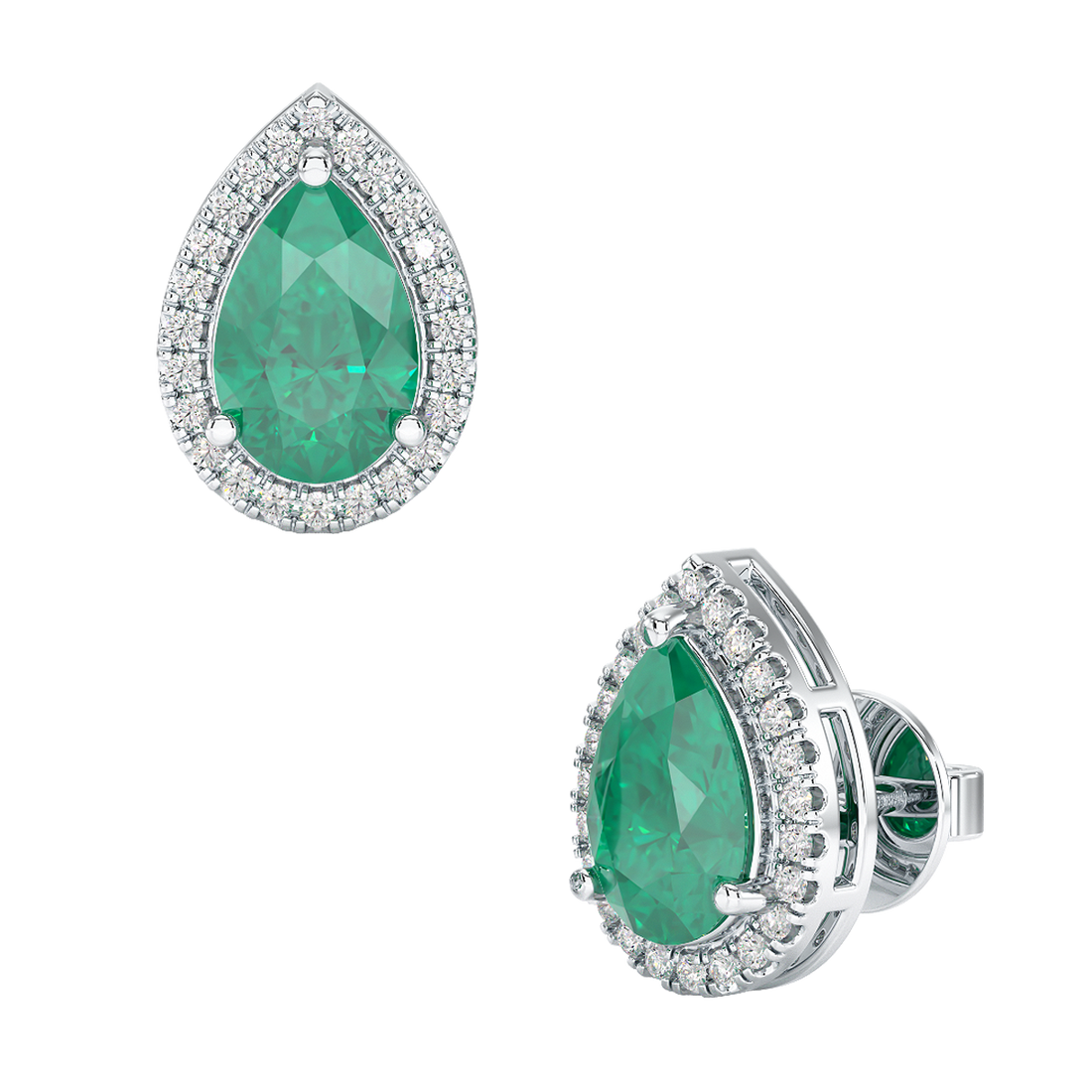 Pear Emerald Halo Earrings White Gold Platinum Front &amp; Side View