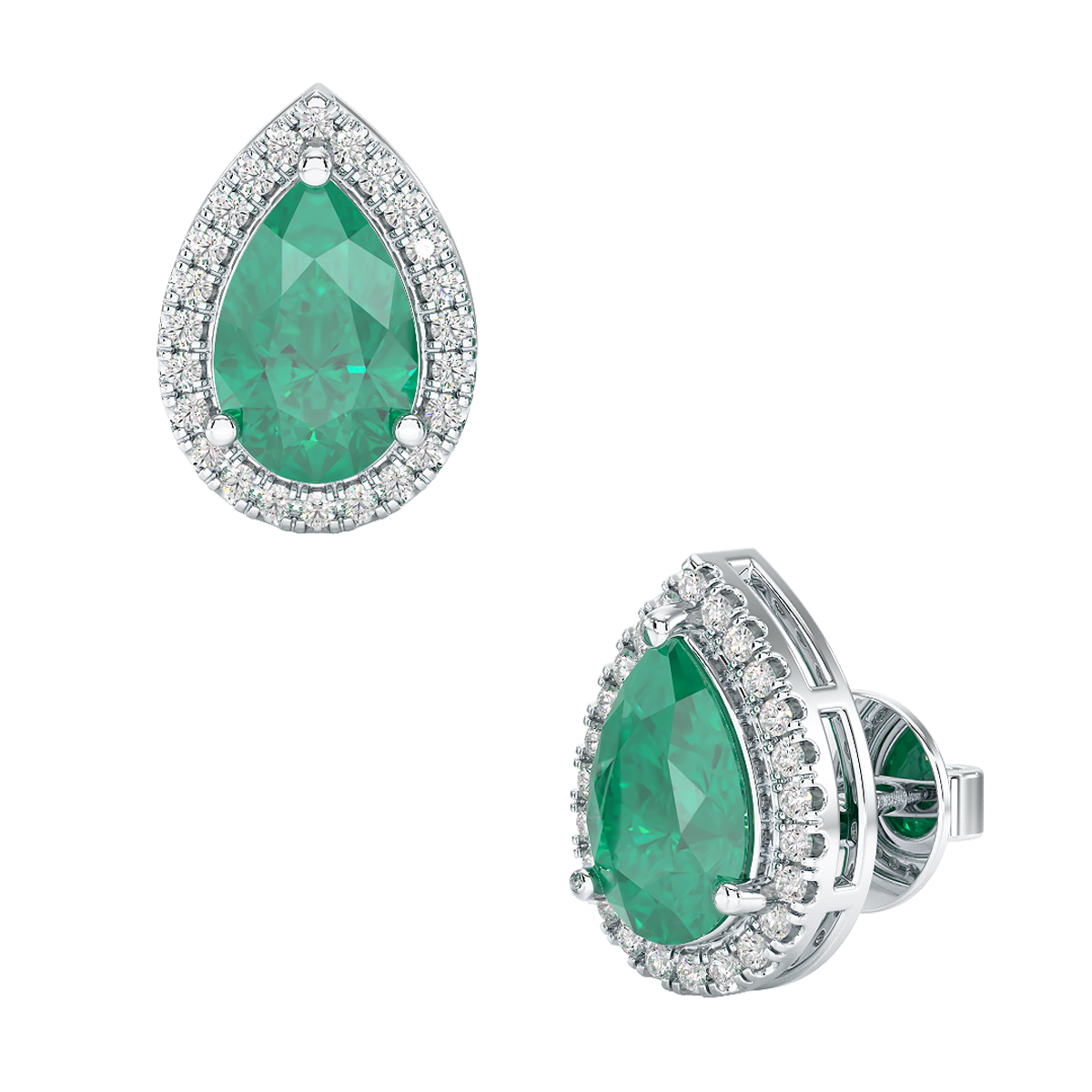 Pear Emerald Halo Earrings White Gold Platinum Front &amp; Side View