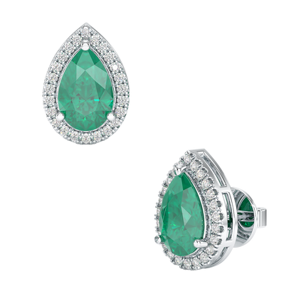 Pear Emerald Halo Earrings White Gold Platinum Front &amp; Side View