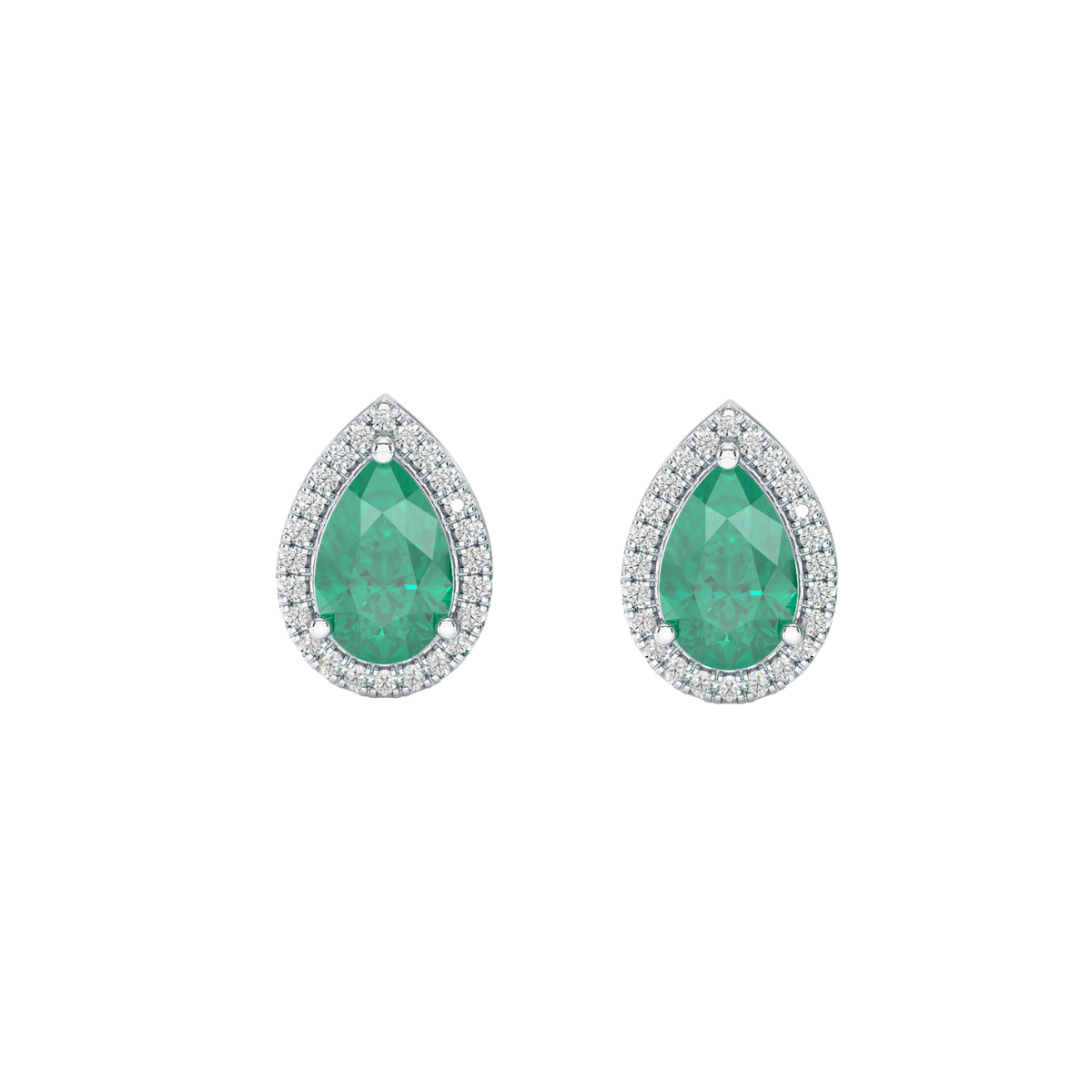 Pear Emerald Halo Earrings White Gold Platinum Front View