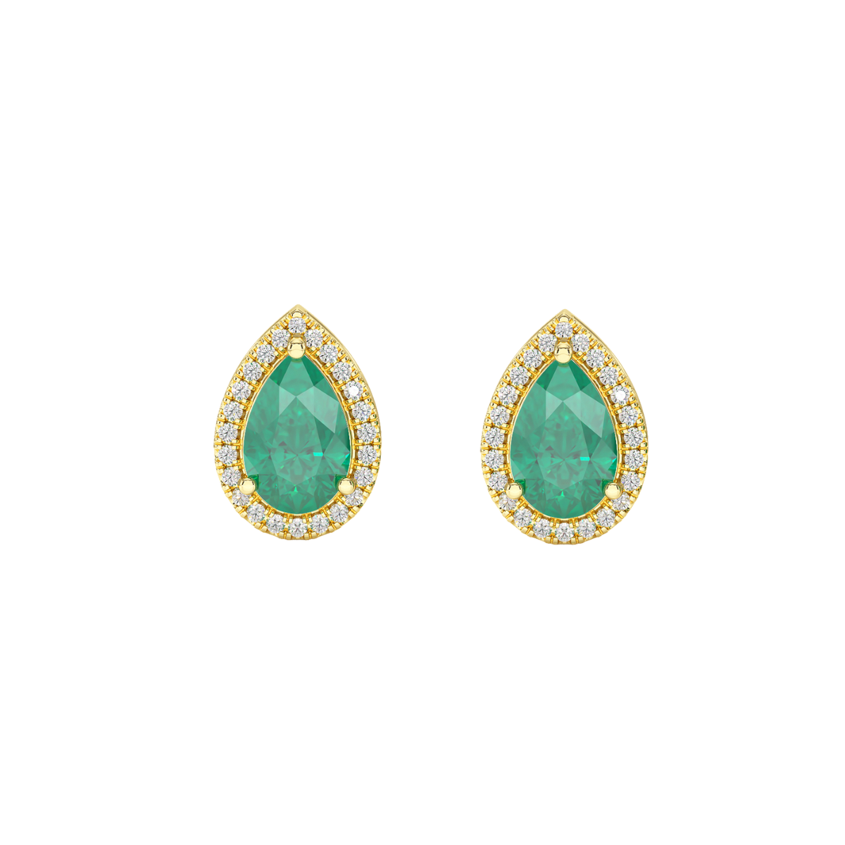 Pear Emerald Halo Earrings Yellow Gold Front View