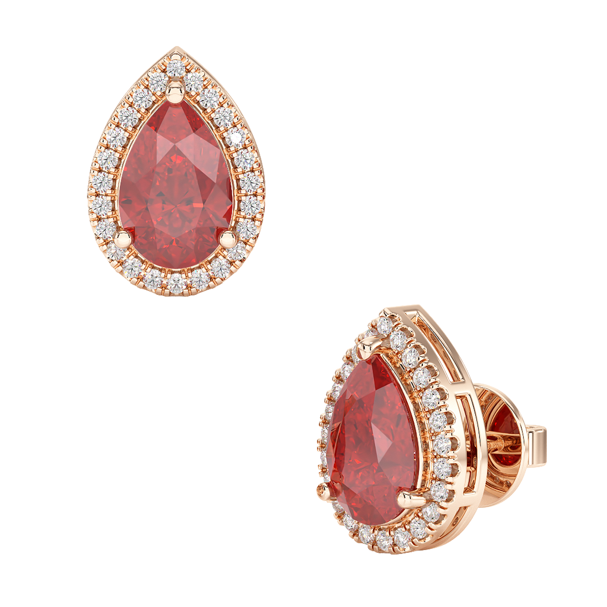 Pear Ruby Halo Earrings Rose Gold Front &amp; Side View