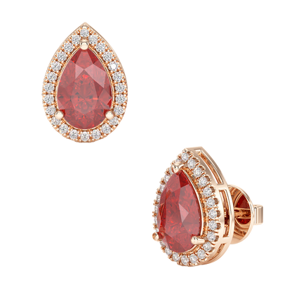 Pear Ruby Halo Earrings Rose Gold Front &amp; Side View