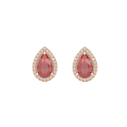 Pear Ruby Halo Earrings Rose Gold Front View