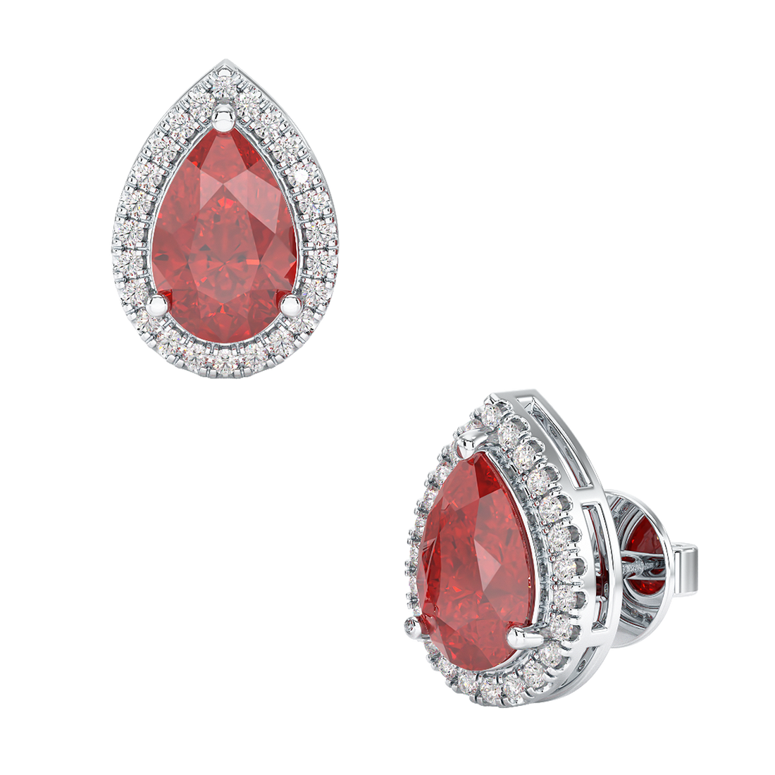 Pear Ruby Halo Earrings White Gold Platinum Front &amp; Side View