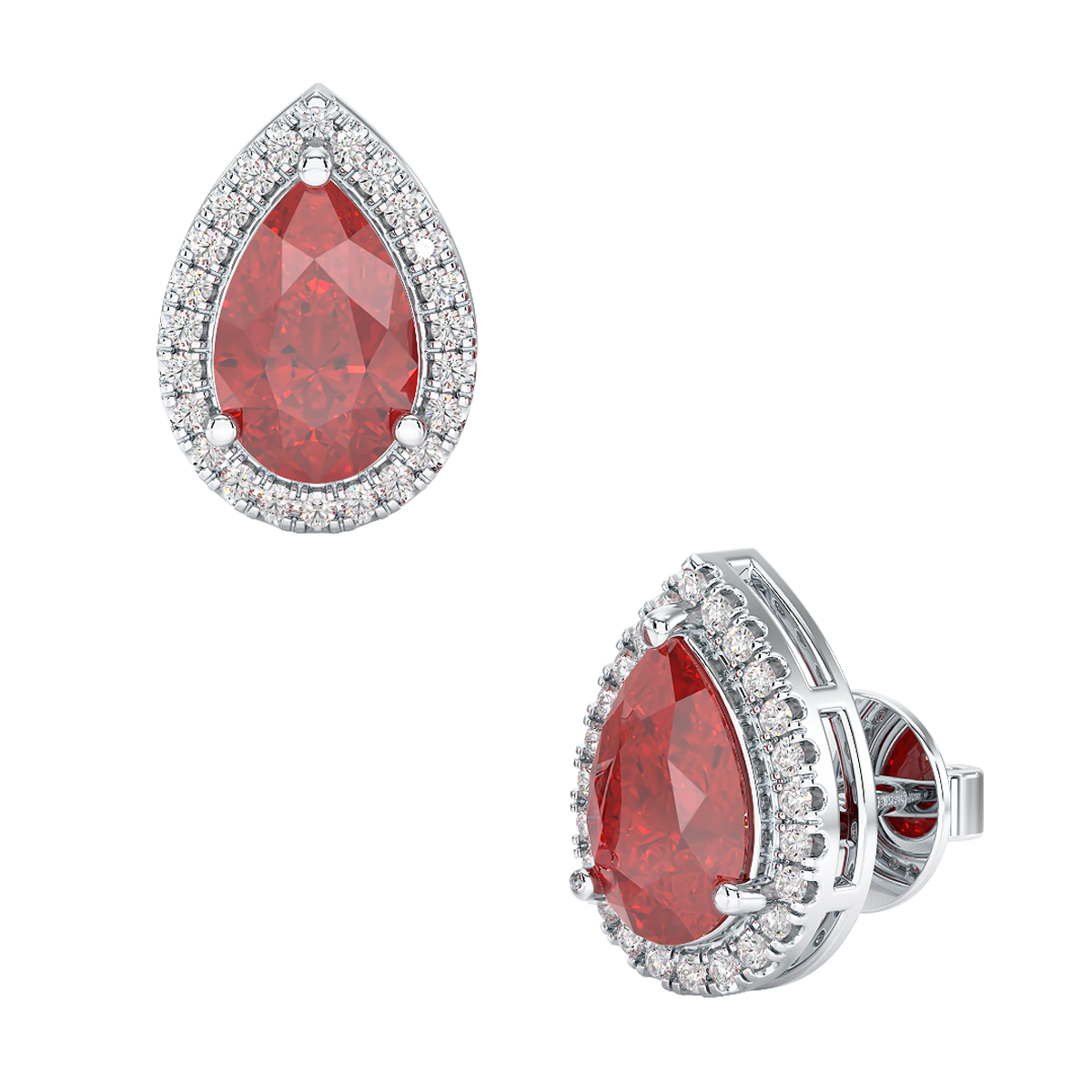 Pear Ruby Halo Earrings White Gold Platinum Front &amp; Side View