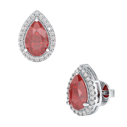 Pear Ruby Halo Earrings White Gold Platinum Front &amp; Side View