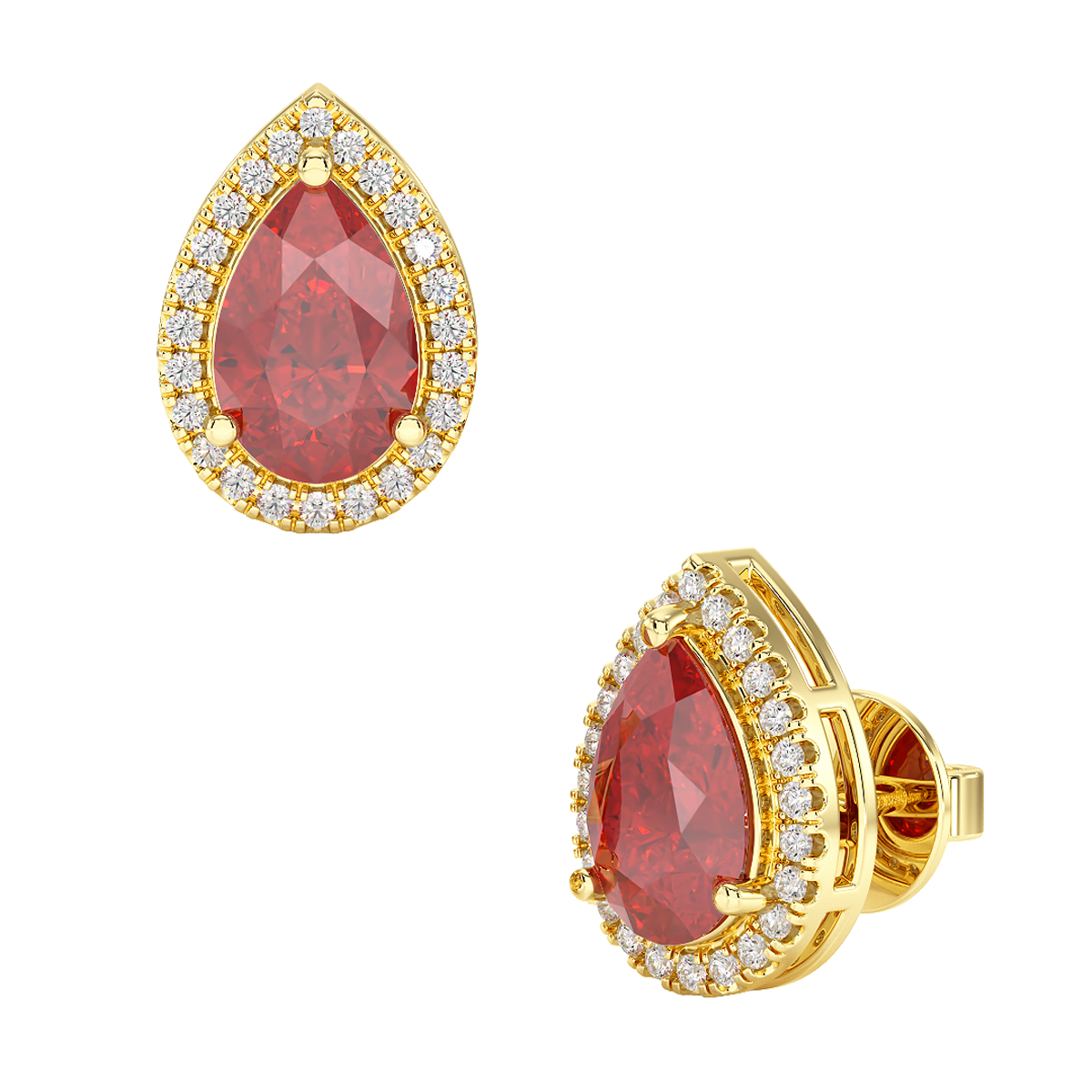 Pear Ruby Halo Earrings Yellow Gold Front &amp; Side View