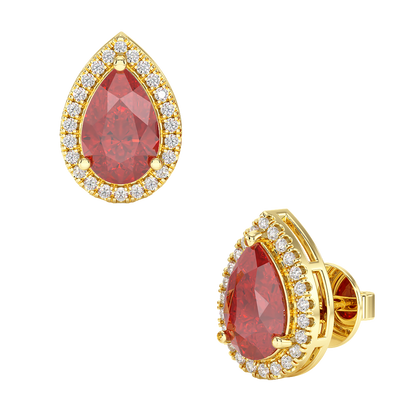 Pear Ruby Halo Earrings Yellow Gold Front &amp; Side View