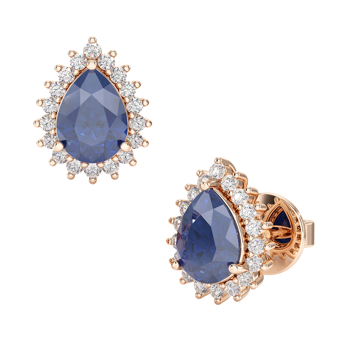 Pear Blue Sapphire Sunburst Earrings Rose Gold Front &amp; Side View