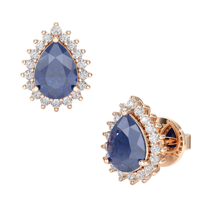 Pear Blue Sapphire Sunburst Earrings Rose Gold Front &amp; Side View