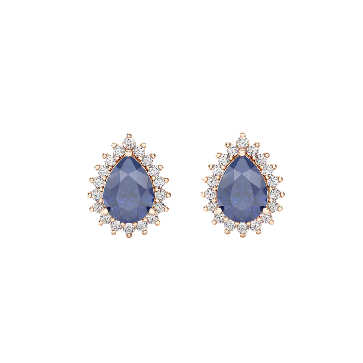 Pear Blue Sapphire Sunburst Earrings Rose Gold Front View