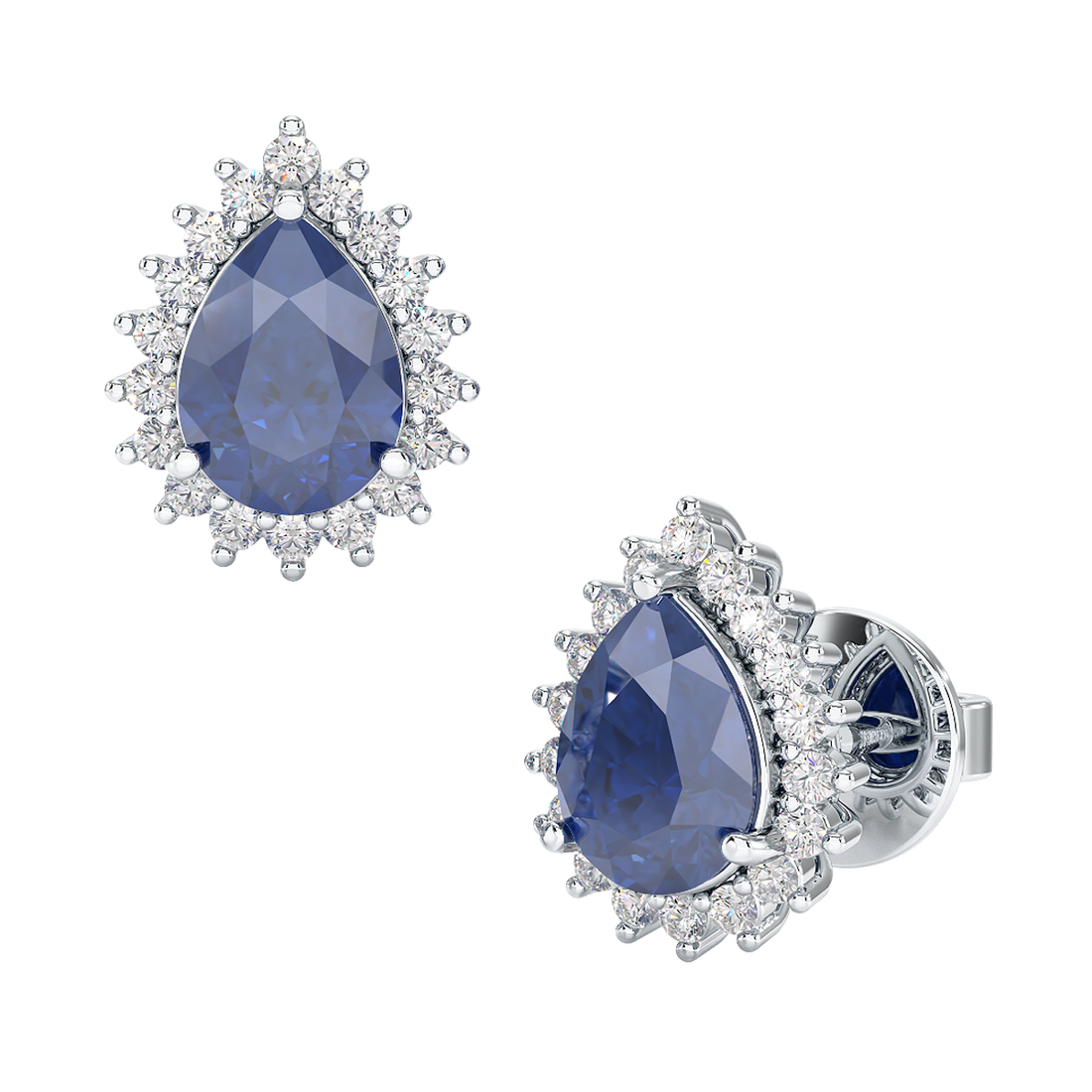 Pear Blue Sapphire Sunburst Earrings White Gold Platinum Front &amp; Side View