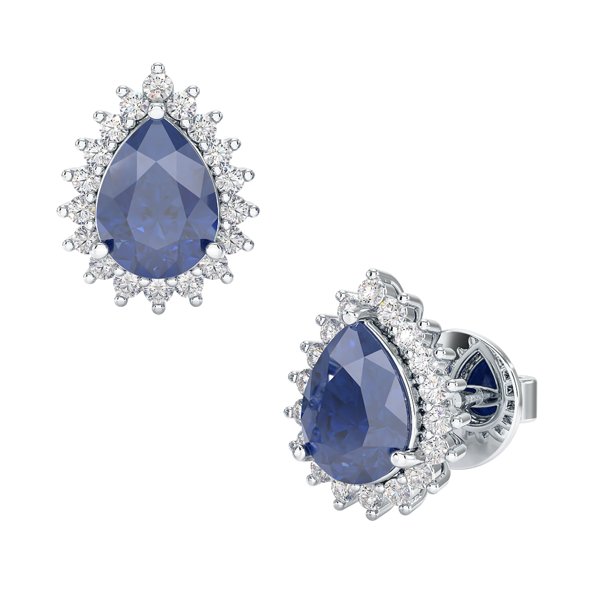 Pear Blue Sapphire Sunburst Earrings White Gold Platinum Front &amp; Side View