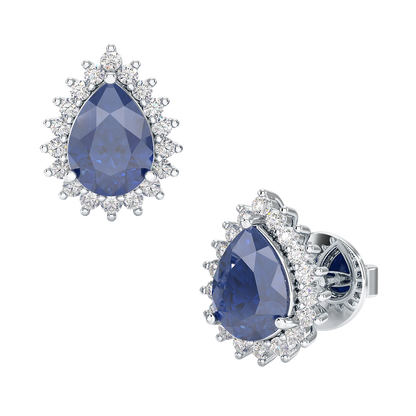 Pear Blue Sapphire Sunburst Earrings White Gold Platinum Front &amp; Side View