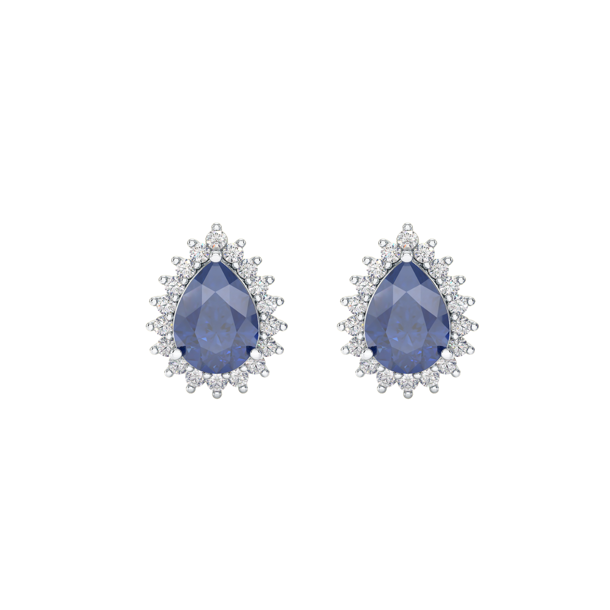 Pear Blue Sapphire Sunburst Earrings White Gold Platinum Front View