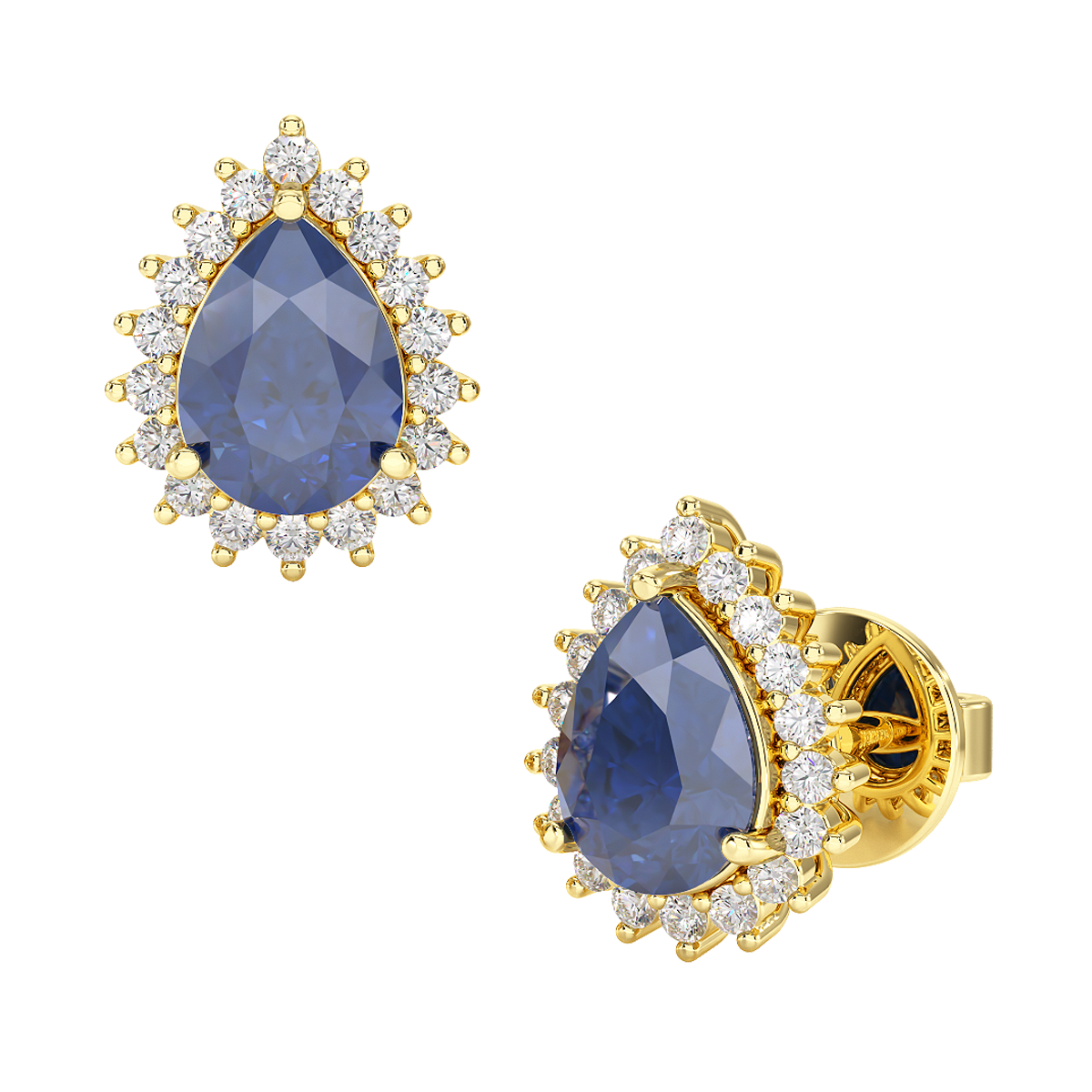 Pear Blue Sapphire Sunburst Earrings Yellow Gold Front &amp; Side View