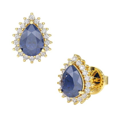 Pear Blue Sapphire Sunburst Earrings Yellow Gold Front &amp; Side View