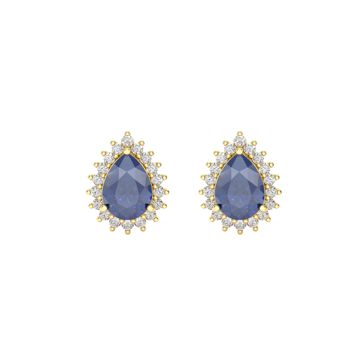 Pear Blue Sapphire Sunburst Earrings Yellow Gold Front View