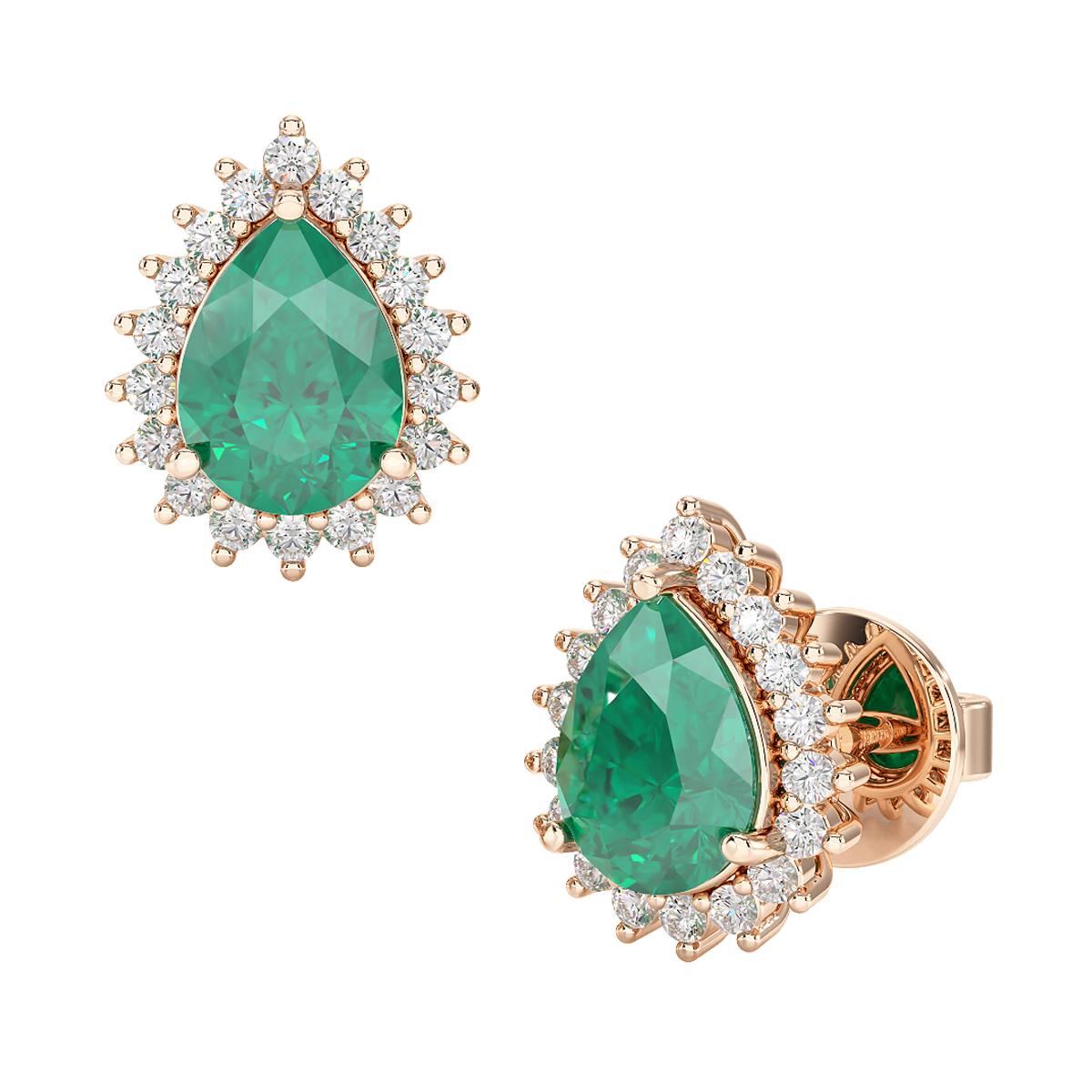 Pear Emerald Sunburst Earrings Rose Gold Front &amp; Side View