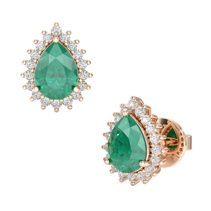 Pear Emerald Sunburst Earrings Rose Gold Front &amp; Side View