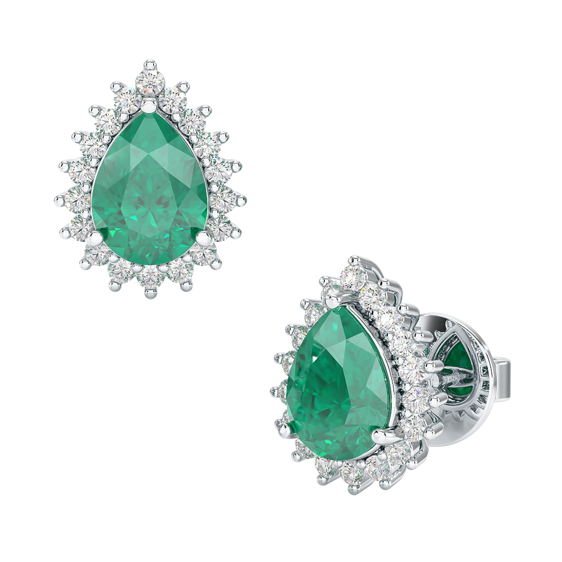 Pear Emerald Sunburst Earrings White Gold Platinum Front &amp; Side View