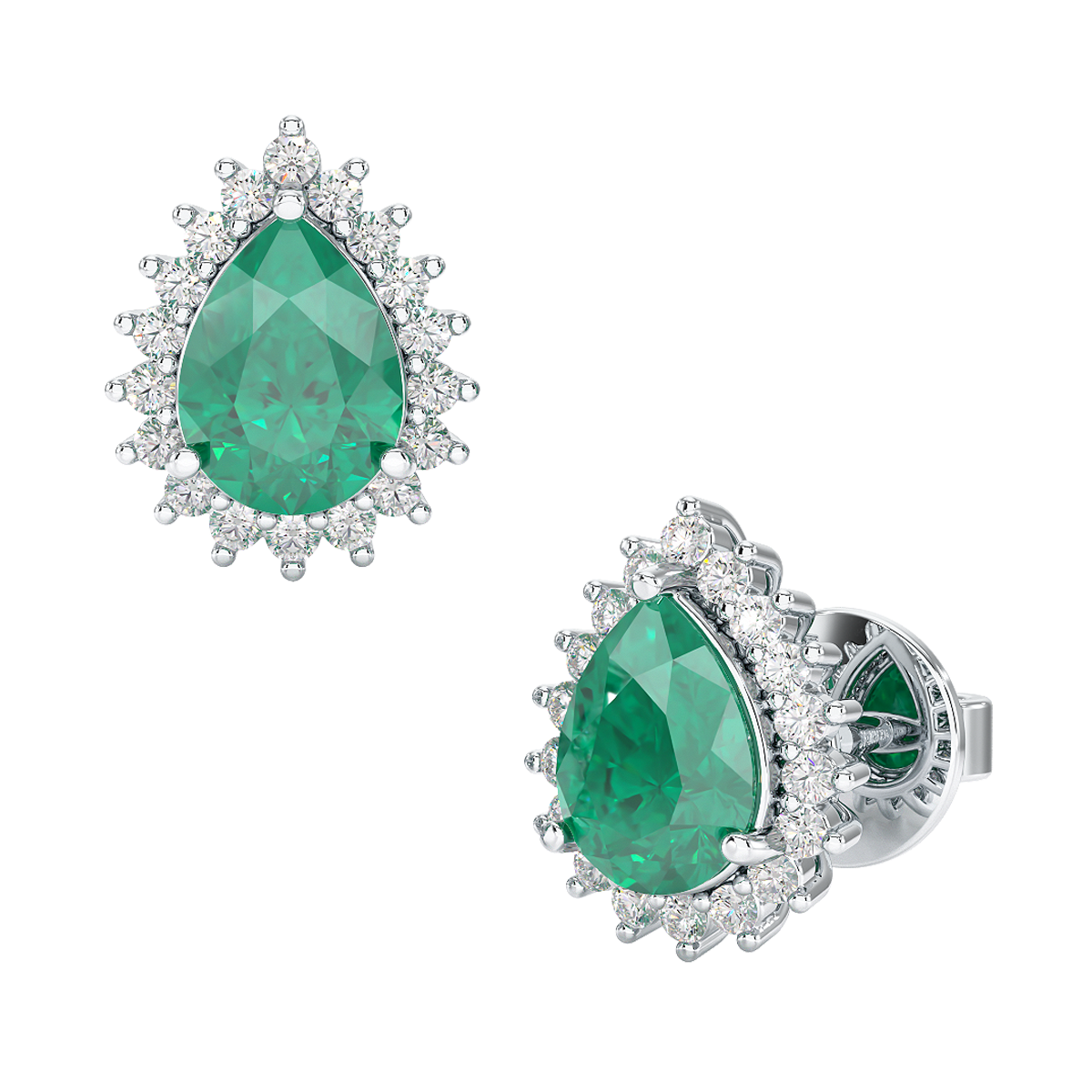 Pear Emerald Sunburst Earrings White Gold Platinum Front &amp; Side View