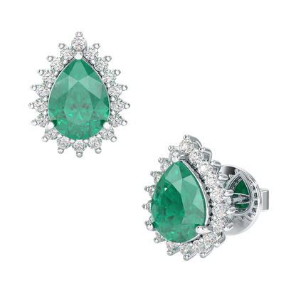 Pear Emerald Sunburst Earrings White Gold Platinum Front &amp; Side View