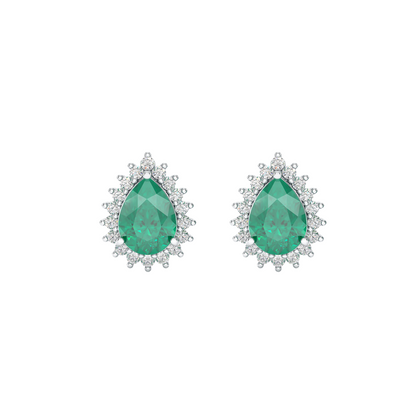 Pear Emerald Sunburst Earrings White Gold Platinum Front View