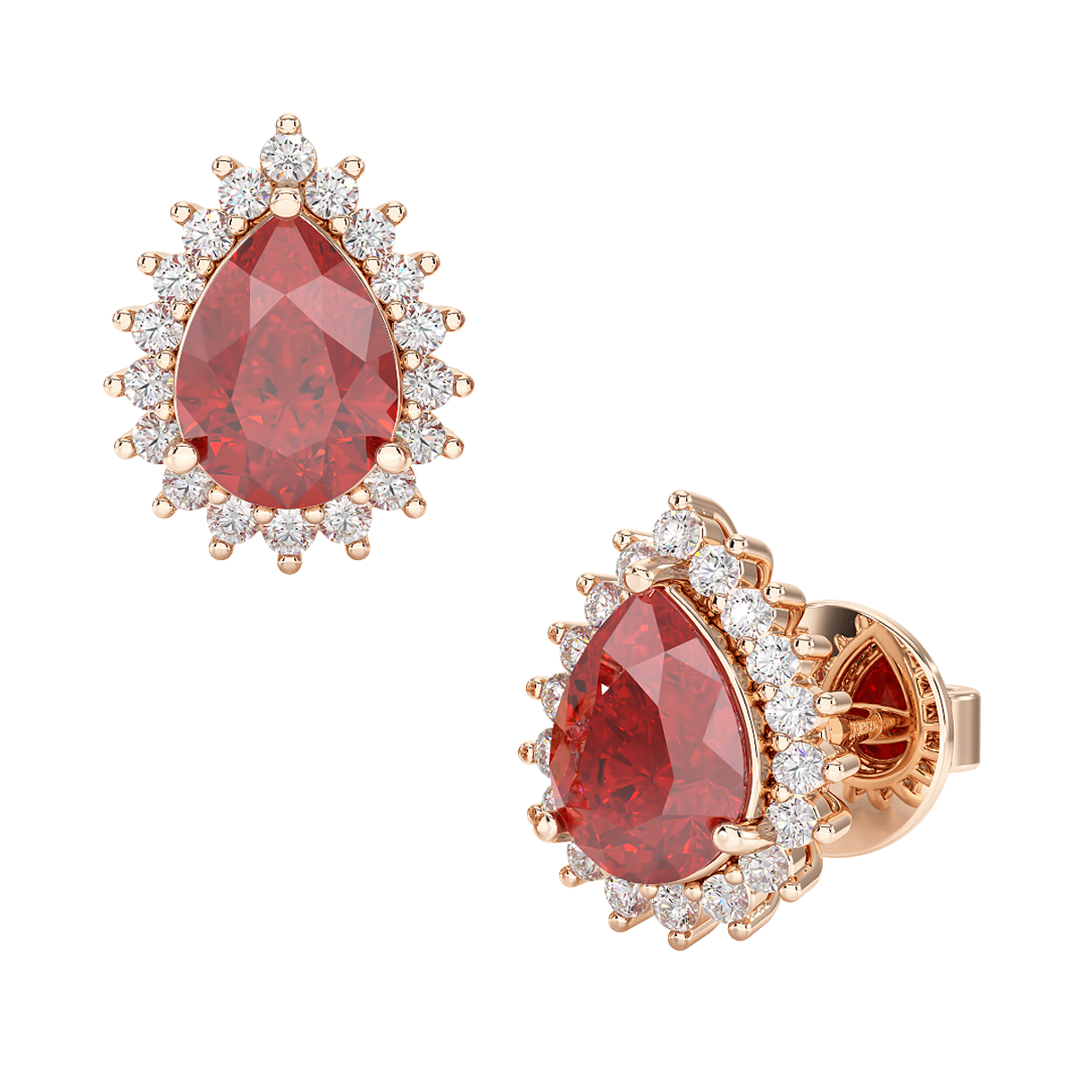 Pear Ruby Sunburst Earrings Rose Gold Front &amp; Side View