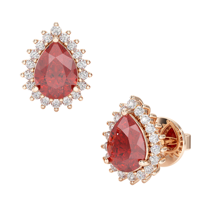 Pear Ruby Sunburst Earrings Rose Gold Front &amp; Side View