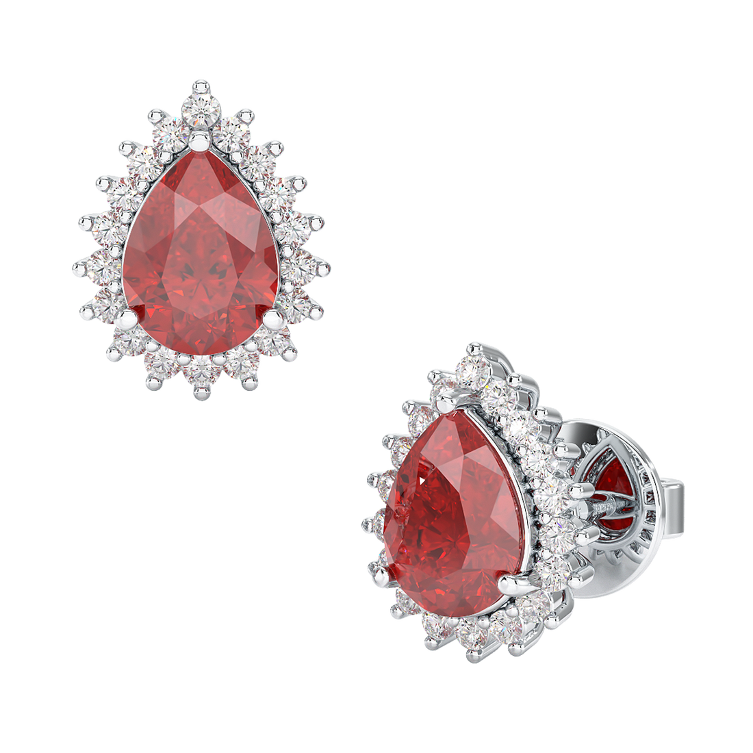 Pear Ruby Sunburst Earrings White Gold Platinum Front &amp; Side View