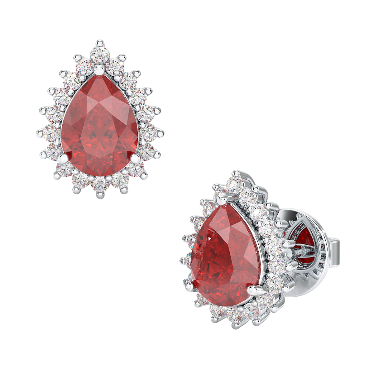 Pear Ruby Sunburst Earrings White Gold Platinum Front &amp; Side View