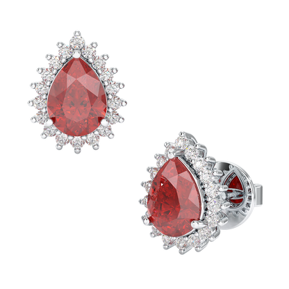 Pear Ruby Sunburst Earrings White Gold Platinum Front &amp; Side View